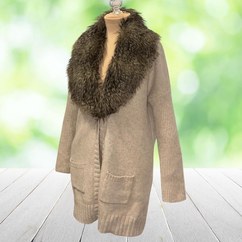 CYNTHIA ROWLEY Lambswool Coatigan Faux Fur Collar Long Cardigan Pockets Size M